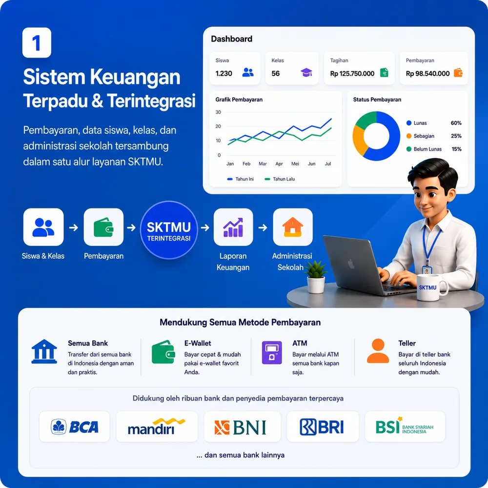 Ilustrasi sistem keuangan terpadu SKTMU dengan dashboard pembayaran, data siswa, kelas, laporan, dan administrasi sekolah.