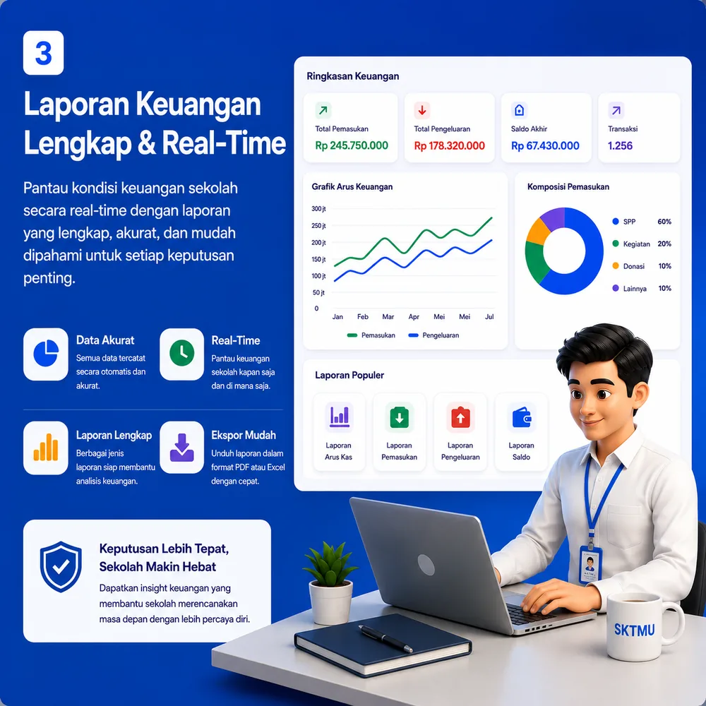 Ilustrasi laporan keuangan SKTMU dengan grafik pemasukan, daftar tunggakan, rekap pembayaran, dan tindak lanjut.