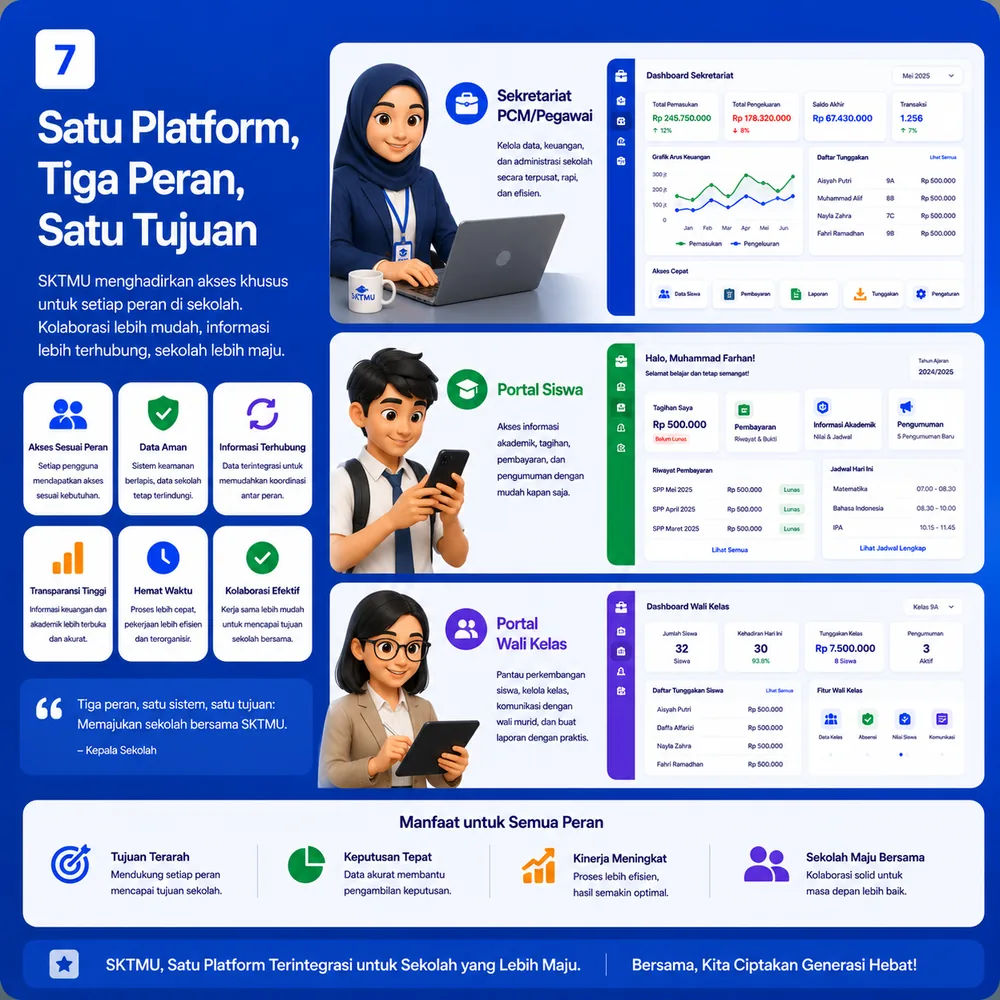 Ilustrasi sekretariat PCM atau pegawai untuk validasi data, kelola pembayaran, laporan, export, dan administrasi internal.